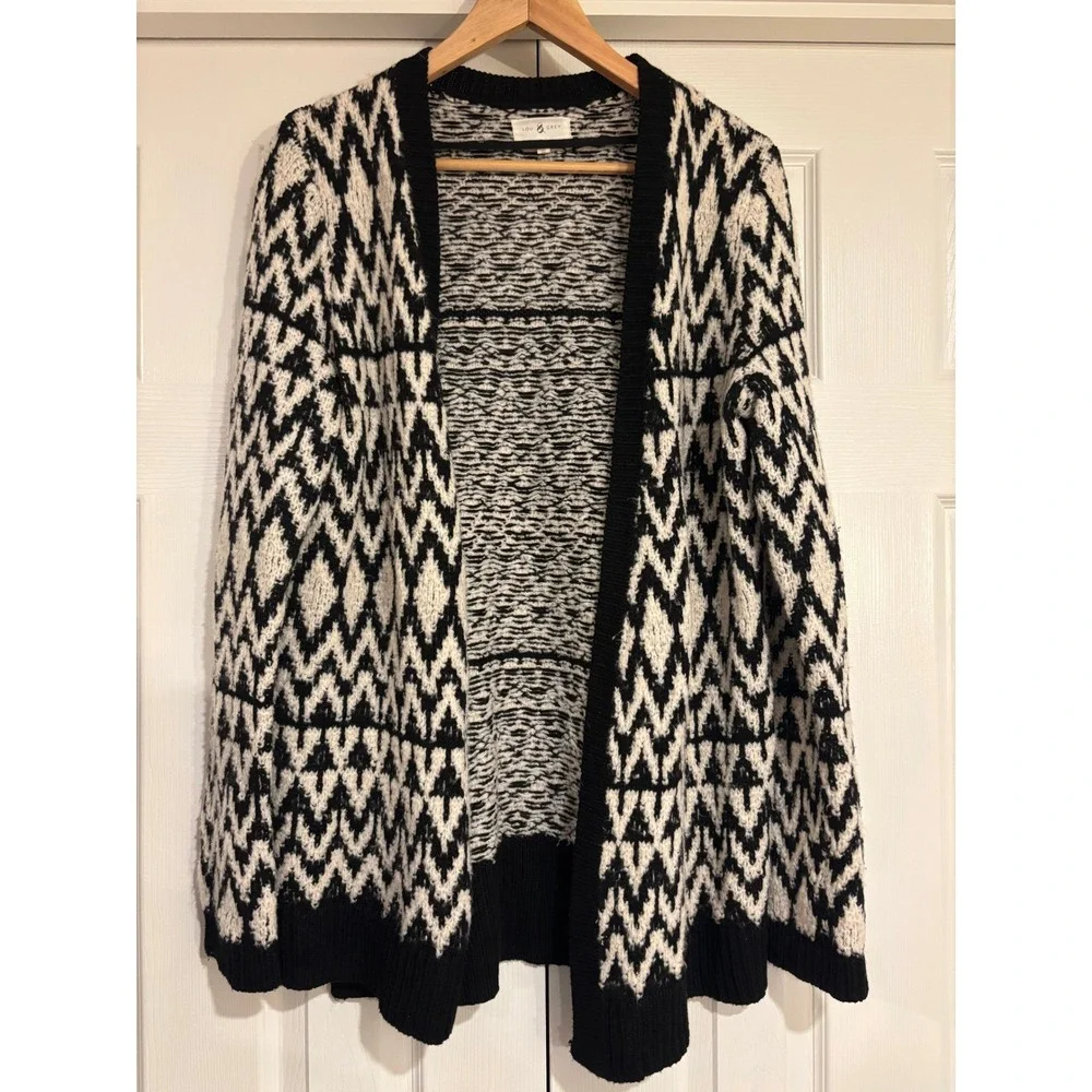 Chunky Open Front Cardigan Black & White Geometric Print Wool Blend Lou & Grey M